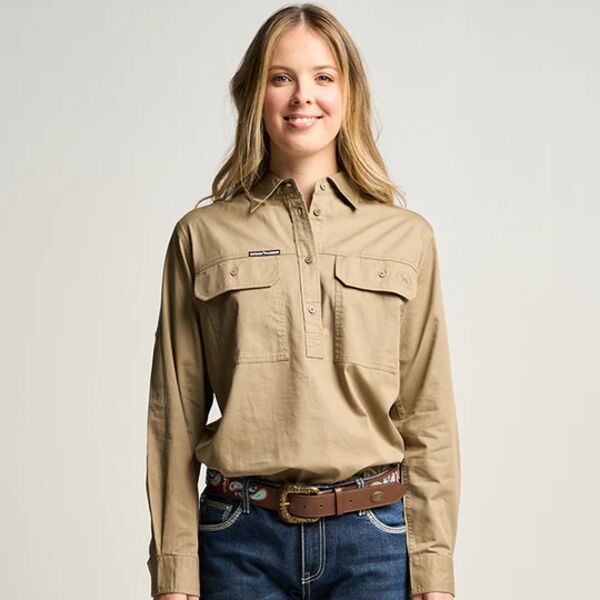 SOMERSET | Womens Half Button Long Sleeve Work Shirt - Khaki Thumbnail